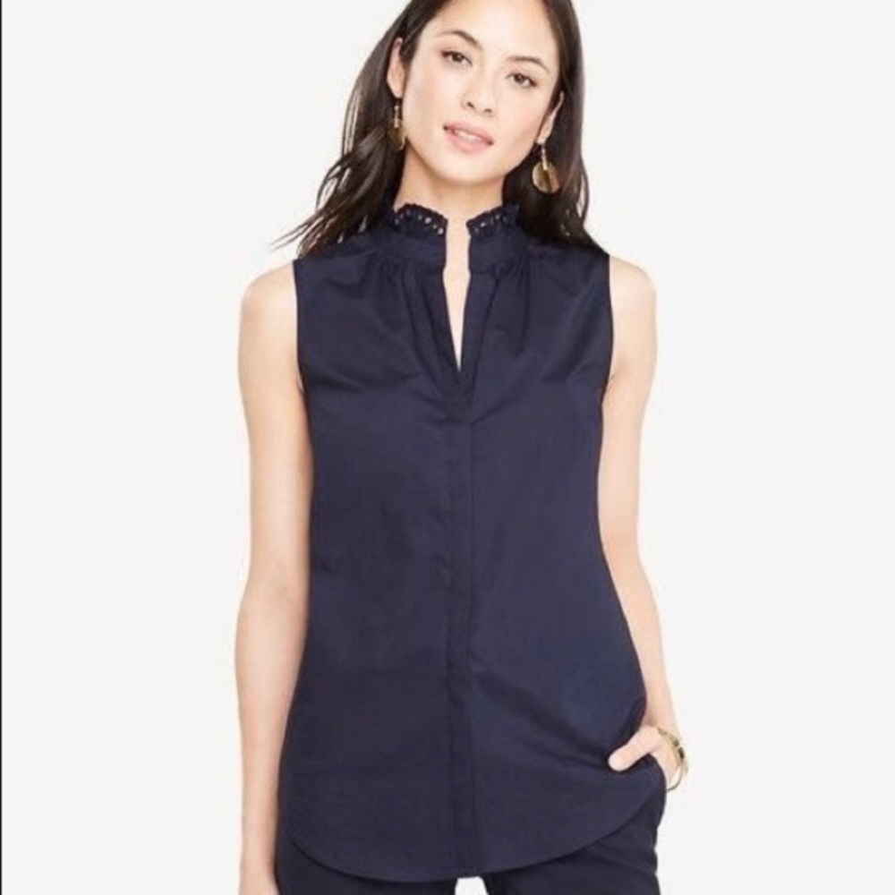 Ann Taylor-ruffle neck blouse-navy blue